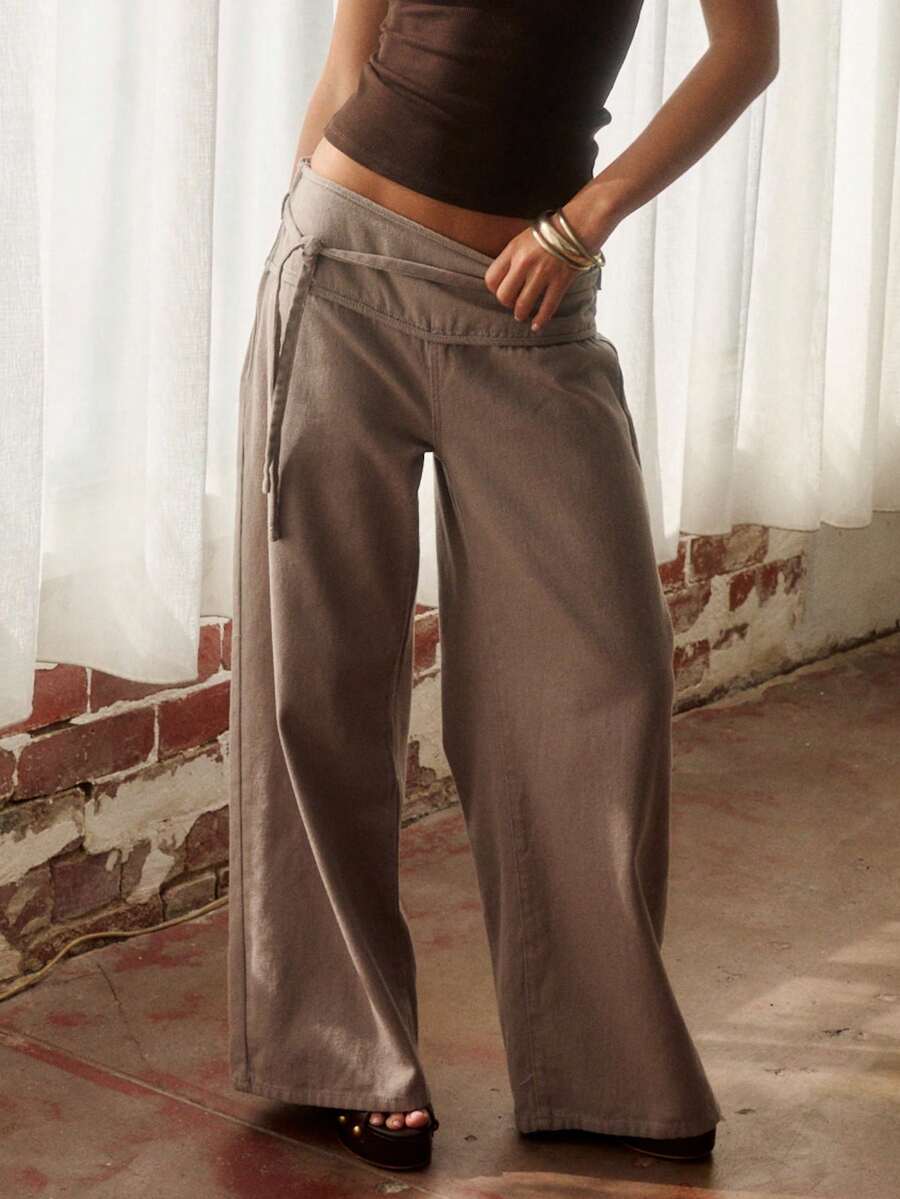 Aralina Quần jean ống rộng, cạp rộng, màu nâu denim - Volcanic Gray - Xem 1