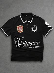 SLATEMANN Áo polo nam tay ngắn, in chữ, phối màu tương phản, cài cúc nửa thân áo. - màu đen - Xem 1