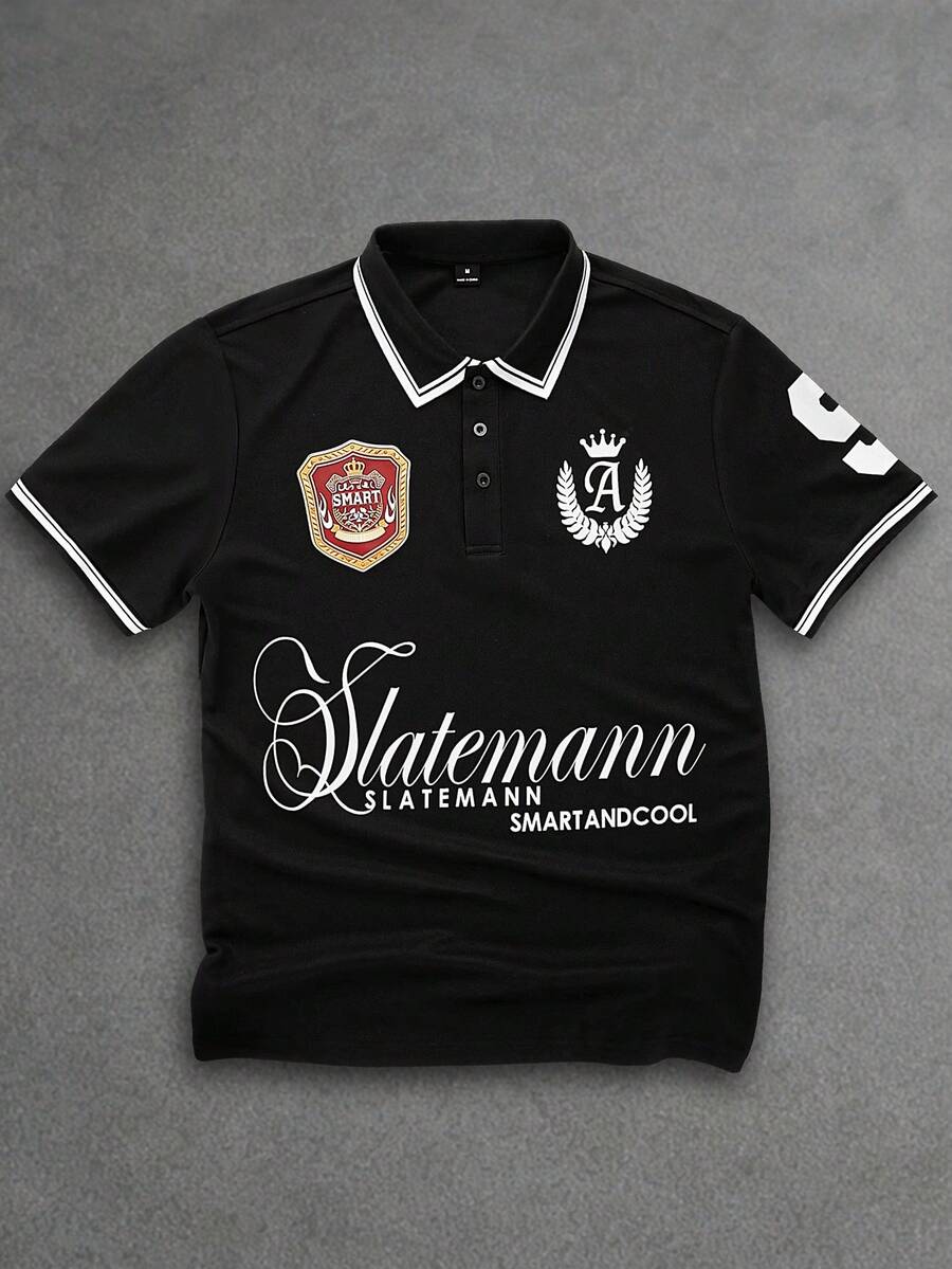 SLATEMANN Men's Letter Print Contrast Color Button Half Placket Short Sleeve Polo Shirt - Black - View 1