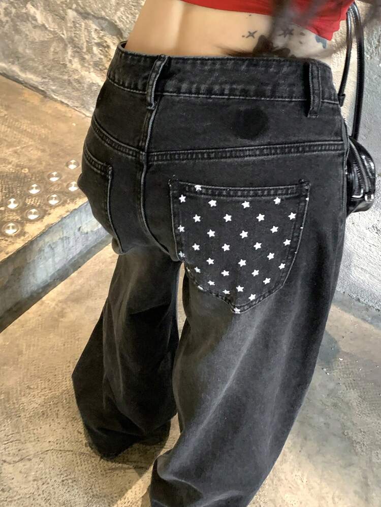 Women's Star Print Slant Pocket Casual Wide Leg Jeans