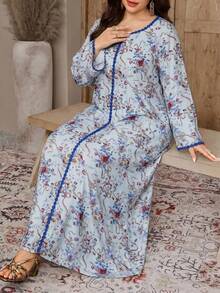 Al Najma Plus Size Women Elegant Floral Print Patchwork Belted Arabic Style Dress - Blue - View 9