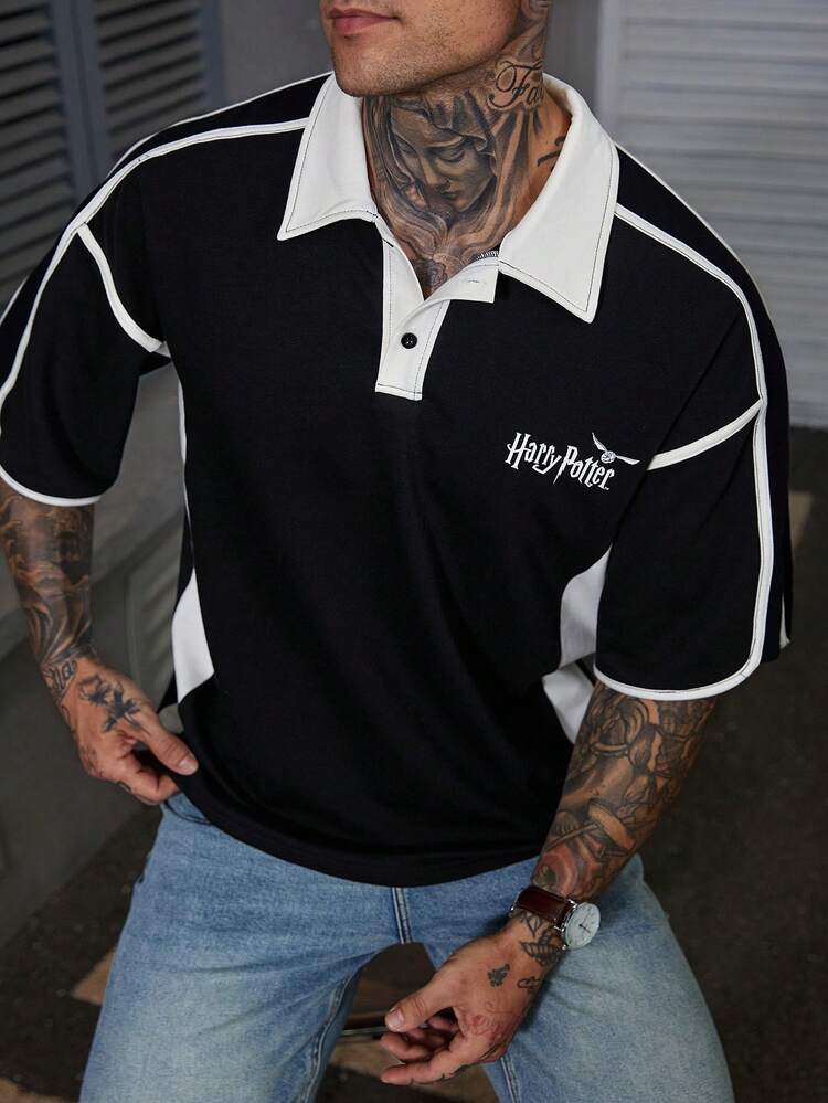 Collabo Letter Print Contrast Color Design Black & White Men's Polo Shirt, Short Sleeve Summer