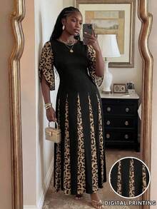 SHEIN CURVE+ Plus Size Women's Elegant Chiffon Patchwork Leopard Print Long Sleeve Waist Cinched Dress, Suitable For Spring And Autumn - Multicolor - View 8