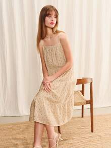 lacRébo Gaun Midi Motif Bunga Krem Gaya Boho, Gaun Longgar, Gaun Kasual Musim Semi dan Musim Panas, Gaun Liburan, Gaun Boho Gaya Prancis - Baby Pink - View 4