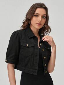 EMERY ROSE Jaqueta Denim Casual de Manga Curta e Abotoamento Simples para Mulheres Plus Size - Preto - Visão 4