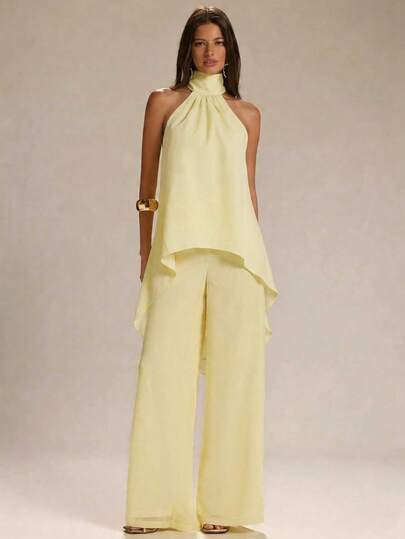 EURMUSE Conjunto de dos piezas para mujer - Top sin mangas con drapeado y pantalones de pierna ancha en color amarillo