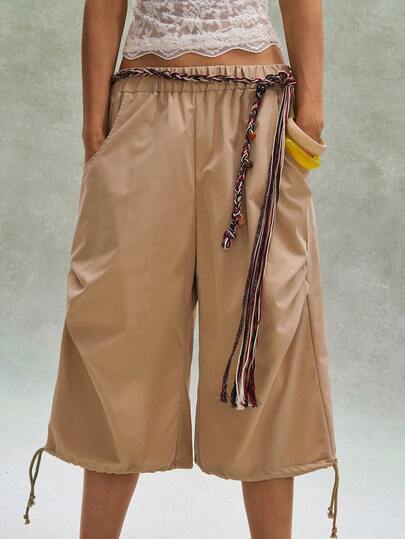 Bohemela Women's Summer Casual Vacation Versatile Khaki Woven Loose Shorts With Cotton Rope Belt
