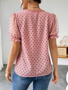 RosyDaze Women's Fashionable French Polka Dot Chiffon Blouse, Intellectual Elegant Short Sleeve Ruffle Design Shirt For Summer - Pink - View 2