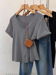 INAWLY Plus Size Women Summer Casual Retro Minimalist Romantic Button Decor Short Sleeve T-Shirt - Grey - View 1