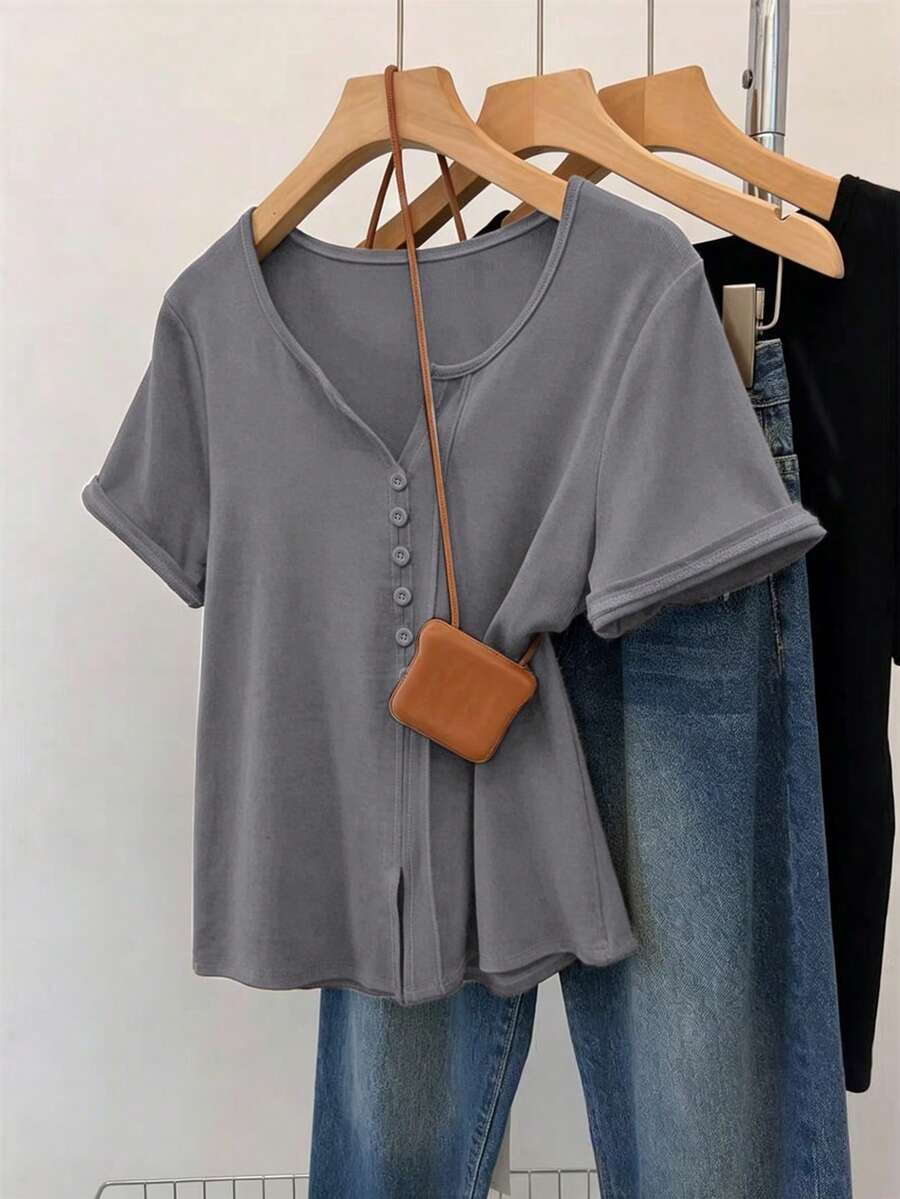 INAWLY Plus Size Women Summer Casual Retro Minimalist Romantic Button Decor Short Sleeve T-Shirt - Grey - View 1