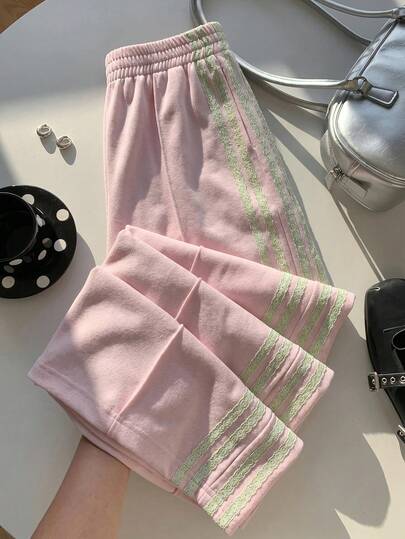 Comfortcana Women's Elastic Waist Side Contrast Green Striped Wide Leg Loose Casual Sports Pants, Spring/Summer & Autumn/Winter