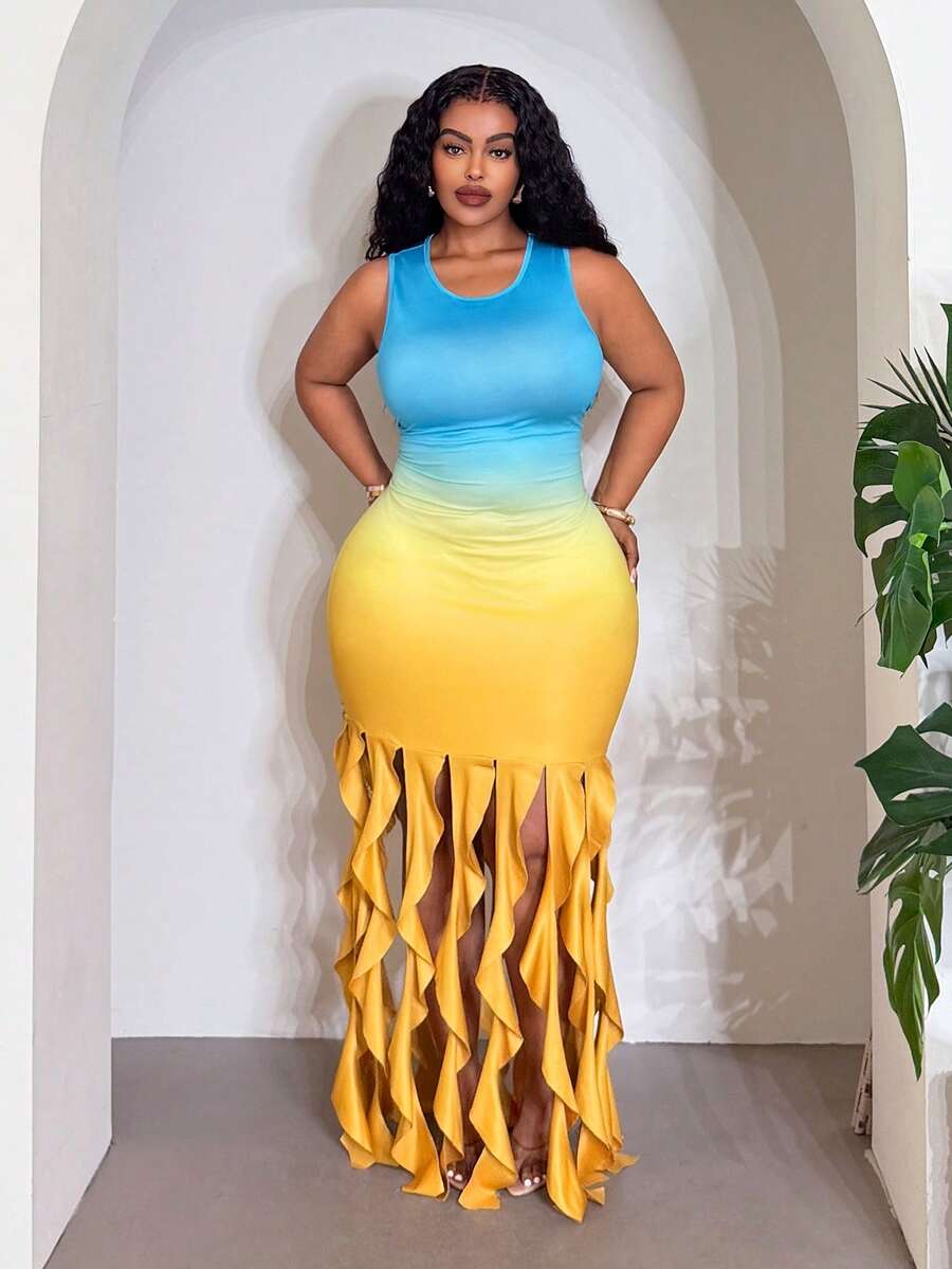 Slaydiva Đầm maxi ôm sát mùa hè thanh lịch dành cho nữ, đầm dài không tay màu xanh vàng ombre với tua rua ở gấu đầm, trang phục dự tiệc đêm, đi chơi, phong cách thời trang đường phố sành điệu trên dành cho phái nữ. - Nhiều màu - Xem 1