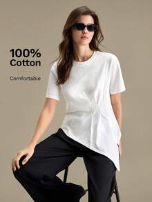Ontre Women's Comfortable White Summer Basic T-Shirt, Asymmetric Design Waist Pleated Round Neck Short Sleeve Office Wear Golf Occasion Business Top - White - View 1