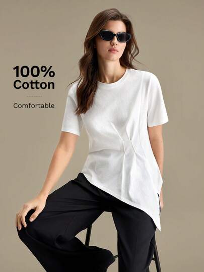 Ontre Camiseta de mujer de material de alta calidad, diseño asimétrico con cuello redondo, manga corta, plisado en la cintura, versátil, de estilo moderno y urbano, para uso casual, de oficina o de negocios, elegante y discreta, ideal para el aeropuerto