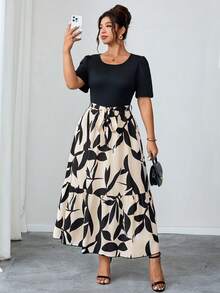 SHEIN Clasi Đầm ngắn tay cổ tròn, in hoa, viền bèo nhún, cỡ lớn - Nhiều màu - Xem 1