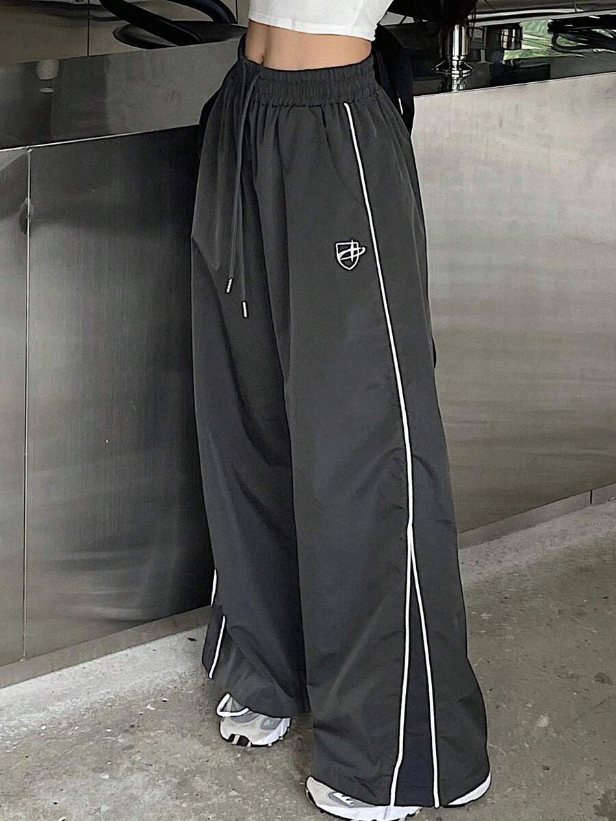 DAZY Contrast Piping Drawstring Waist Wide Leg Pants - Grey - View 1