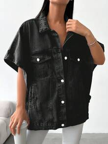 EURMUSE Loose Fit Casual Half Sleeve Denim Jacket - Black - View 5