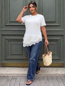 Lounesse Plus Size Women's Round Neck Brown T-Shirt With Lace Patchwork Lace Trim T-Shirt Casual Going Out Gym T-Shirt For Women Summer - White - View 4