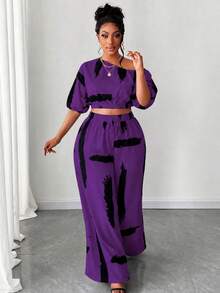 Maweii Conjunto de 2 piezas de talla grande con estampado y cuello asimétrico - Morado - Ver 4