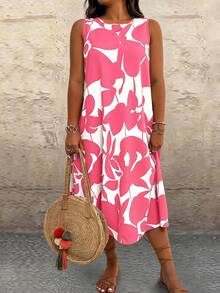 Linhara CURVE Plus Size Women Geometric Print Round Neck Casual Sleeveless Dress - Pink - View 1