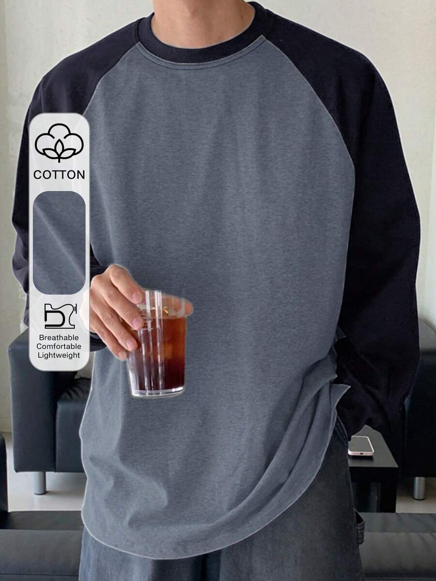 DAZY Camiseta casual de cuello redondo de manga larga con bloques de color y parches para hombre, ropa de vuelta al colegio - Azul - Ver 1