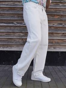 LEOGASHI LEOGASHI Men's Solid Color Simple Daily Casual Pockets White Denim Jeans, Men Pants - Beige - View 5