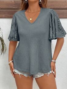 Reflora Plus Size Elegant Waffle Knit Patchwork Ruffle Sleeve T-Shirt - Teal Blue - View 5