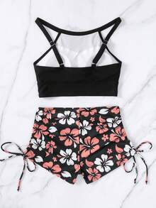 Swim Lushoire Bộ Bikini 2 Mảnh In Hoa Ngẫu Nhiên Đi Biển Mùa Hè Áo Cami & Quần Short Dây Rút - màu đen - Xem 2