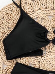 Swim Basics Summer Beach Round Ring Detail Spaghetti Straps Bikini Bathing Suit Set - Black - View 7