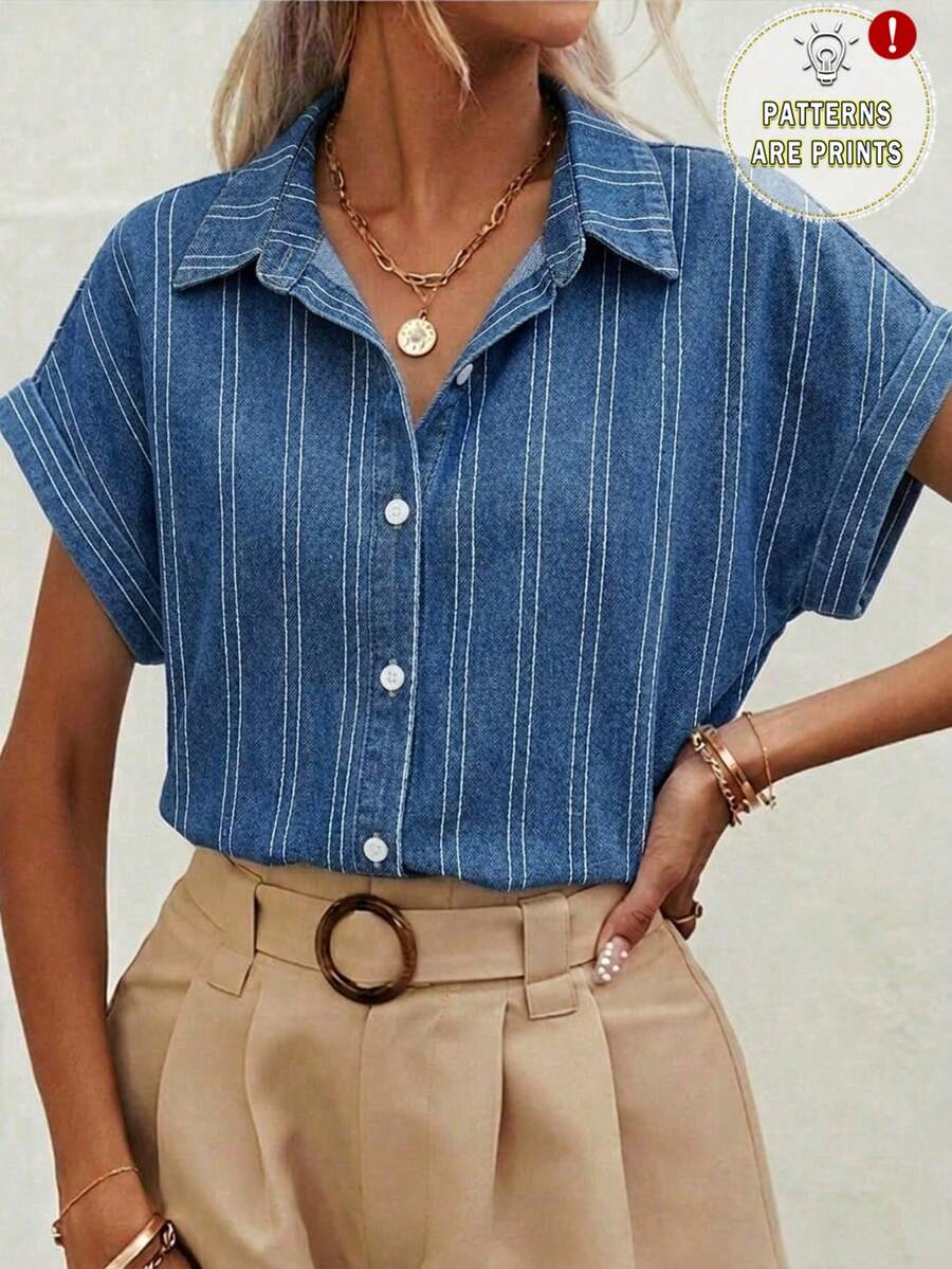 SHEIN Frenchy Casual Minimalist Style Imitation Mechanical Blue And White Stripe Base Thin Stripe Women Shirt Versatile Suitable For Spring Summer Top Brunch - Multicolor - View 1