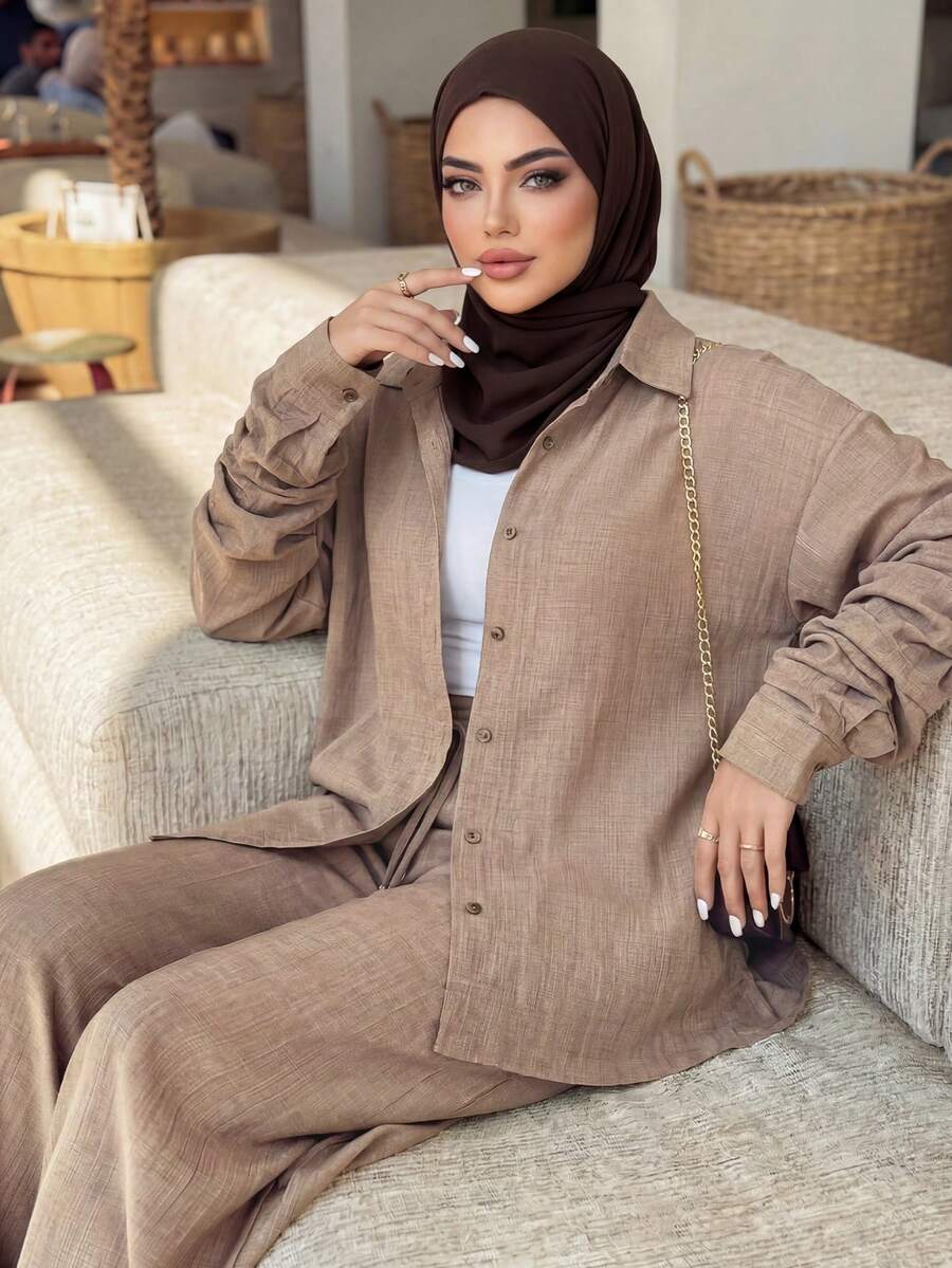 Auveirra Western Style Beach Vacation Solid Color Faux Denim Linen Loose Casual Plus Size Women 2 Pieces Set, Spring/Autumn Lounge Sets For Women Elegant - Khaki - View 1