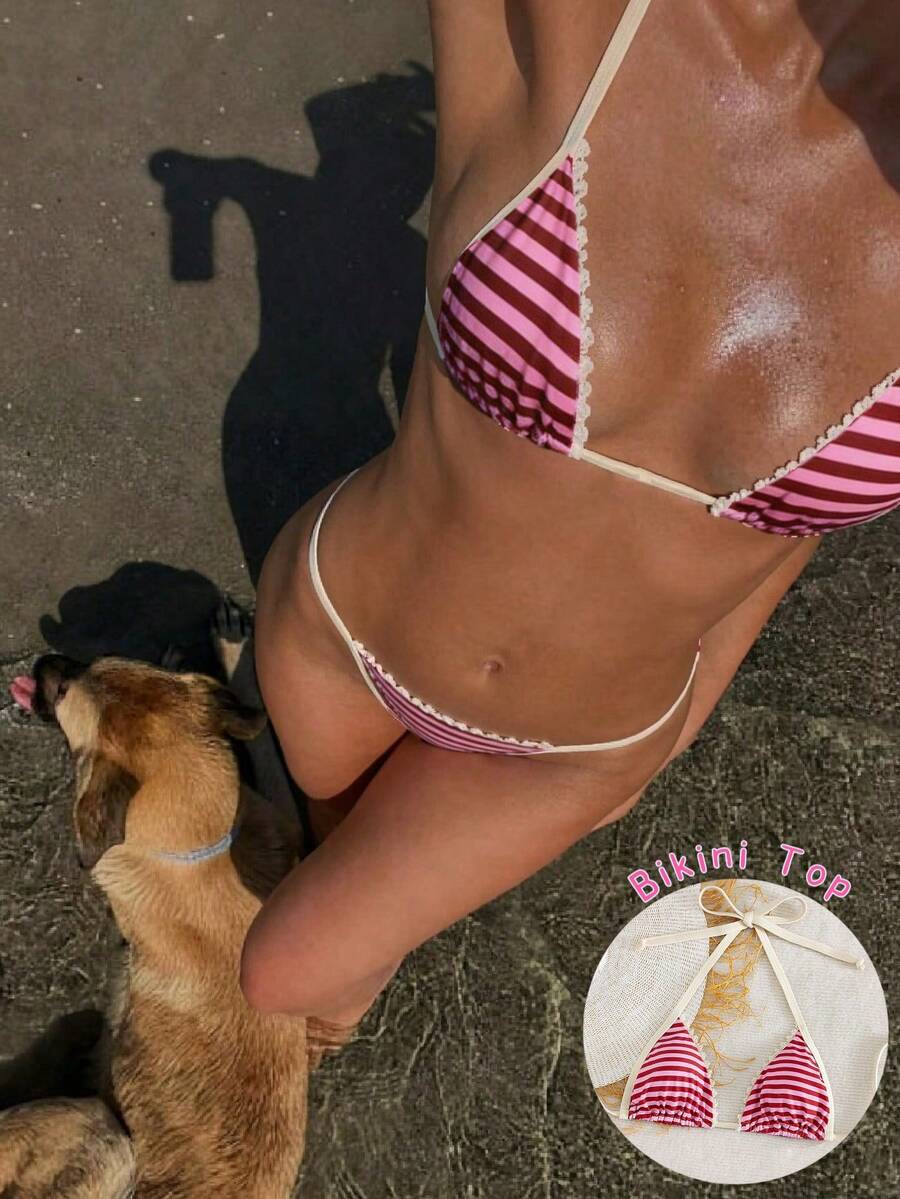 Swim Mod Bộ bikini tam giác màu đỏ hồng sọc, kiểu dáng thanh lịch retro Y2K dễ thương, phong cách boho, ngọt ngào, trẻ trung dành cho nữ, với viền ren sang trọng và đường viền trắng tương phản, phong cách nghỉ dưỡng biển gợi cảm, họa tiết sọc ngang màu hồng đỏ tía, áo tắm buộc dây cổ, áo tam giác, quần lọt khe, dây đeo có thể điều chỉnh, chất liệu co giãn mềm mại, nhanh khô, đồ đi biển cho kỳ nghỉ hè, tiệc bể bơi và lễ hội âm nhạc, kỳ nghỉ nhiệt đới, phong cách đảo nhiệt đới hiện đại/kỳ nghỉ, kỳ nghỉ cưới. - Đỏ và trắng - Xem 1