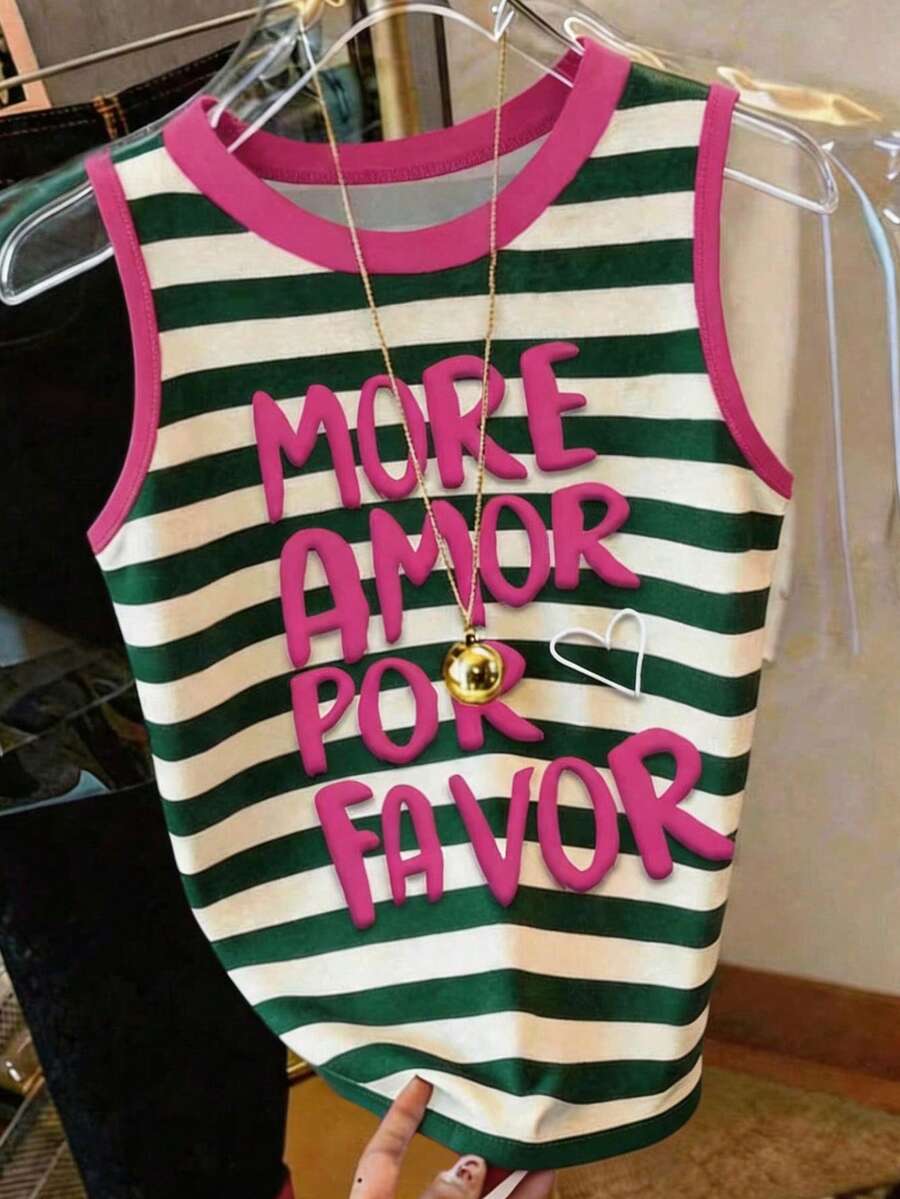 DrmWander Canotta casual da donna con scollo rotondo, con stampa a lettere e righe, con bordi a contrasto - Multicolore - Visualizzare 1