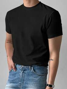 DAZY Camiseta casual de verano para hombre con cuello redondo, manga corta y unicolor - Negro - Ver 6