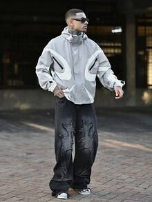 Devon Thys Chaqueta con capucha de manga larga con diseño de patchwork de colores contrastantes para hombre, cortavientos ligero de estilo Y2K Techwear - Gris - Ver 5