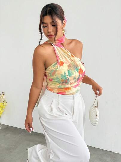 Firerie Plus Size Women Floral Print Halter Bodysuit, Vacation Wear