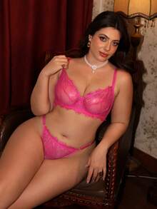 Divavoom 2pcs Rose Red Underwire Lace Plus Size Lingerie Set - Hot Pink - View 6