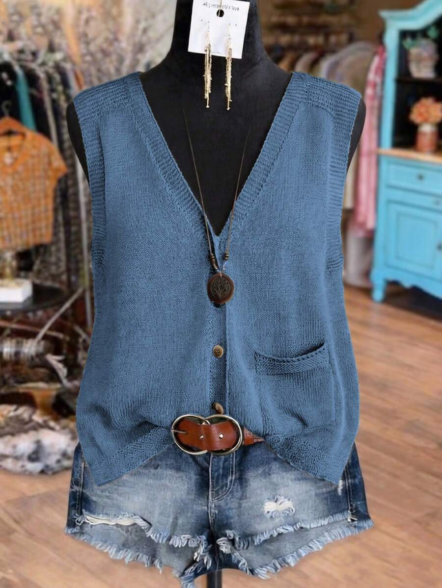 Linhara Plus Size Women Light Blue Solid Color Knitted V-Neck Button Sleeveless Loose Sweater Vest,Fall Winter Pullover Casual Everyday Linen Ladies Vest Top - Blue - View 1