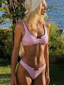Swim Mod Women's Black Polka Dot Bikini 2-Piece Set With Ruffle Bow Decor, Sweet And Cute For Beach Vacation Wear Summer - Pink - View 2