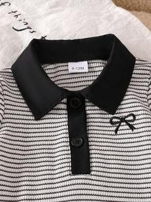 SHEIN 女嬰休閒可愛蝴蝶結刺繡紋理黑白格紋 Polo 領前片裝飾泡泡袖洋裝，適合夏季休閒穿著 - 黑色 - 查看 6