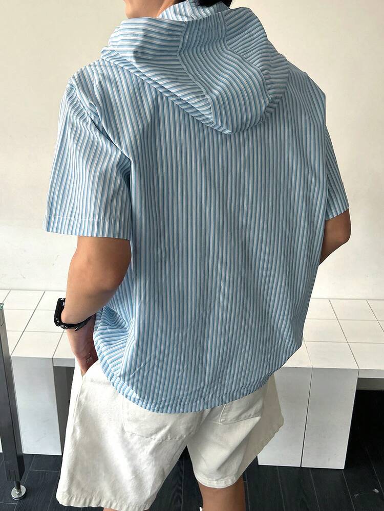 Men's Striped Blue Hooded Short Sleeve Button-Up Shirt, Summer