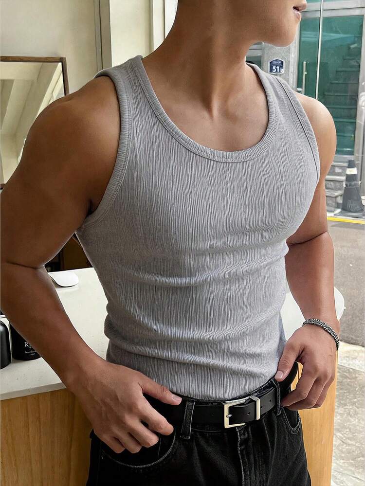 Men's Textured Slim Fit Tank Top, Light Grey, Summer