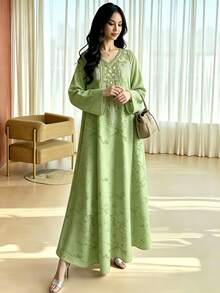 SHEIN Najma 花卉图案V领长袖连衣裙，优雅女式连衣裙，适合春夏穿着，阿拉伯时尚风格 - 彩色 - 查看 4