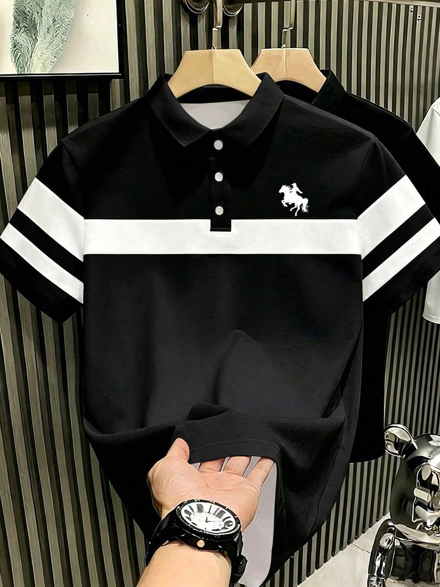 Manfinity Hypemode Men's Casual Polo Shirt With Horse Logo, Black & White Color Block, Suitable For Daily Wear And Gatherings - Multicolor - View 1