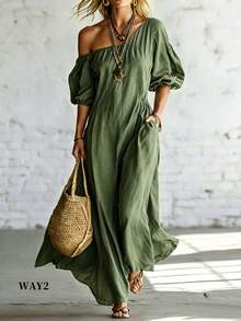 Trelyra Women's Casual Solid Color Dress - Dark Green - View 3