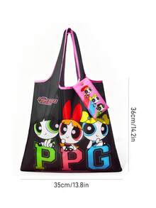 THE POWERPUFF GIRLS X SHEIN 1 chiếc túi mua sắm gấp gọn, chất liệu sợi polyester in hình hoạt hình dễ thương, có túi nhỏ đựng đồ và dây xích hạt cườm, có thể treo lên túi, họa tiết tình bạn, bong bóng, bông xốp, hoa. - Màu sắc - Xem 7