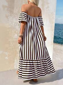 Breezaya Plus Size Casual Striped Off-Shoulder Dress - Brown - View 2