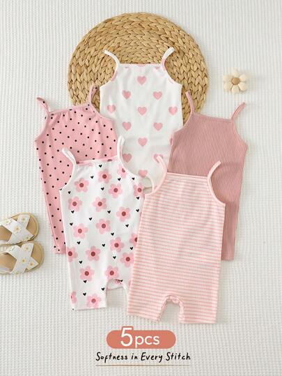 Cozy Pixies 5pcs/Set Baby Girl Summer Knitted Heart, Floral, Polka Dot Solid Color Casual Knitted Romper Jumpsuit, Suitable For Summer, Indoor, Outdoor, Vacation And Any Occasion
