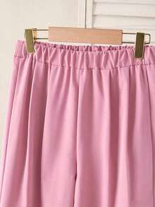 SHEIN Sparklyn Bộ 3 món cho bé gái tuổi teen, kiểu dáng thường ngày, gồm áo khoác không tay cổ chữ V có thắt lưng, áo sơ mi trắng dài tay và quần ống rộng thẳng, thích hợp cho mùa xuân và mùa thu. - Hồng - Xem 6