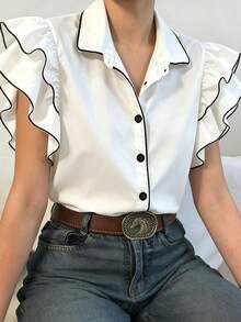 SHEIN LUNE 法式优雅双层荷叶袖撞色衬衫 - 白色 - 查看 1